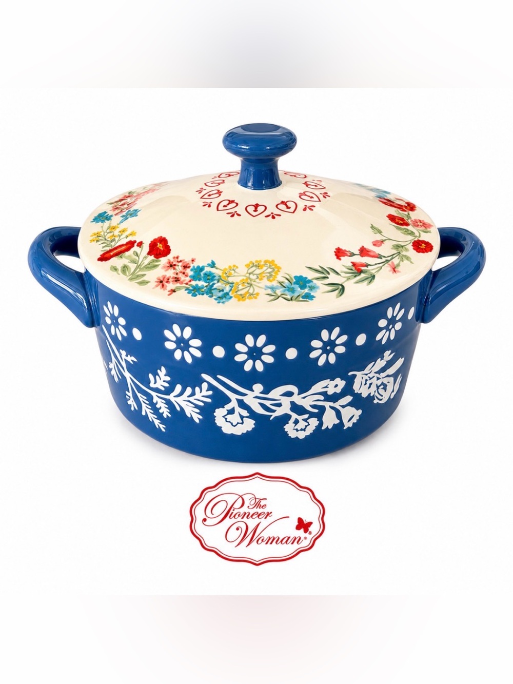 The Pioneer Woman Fancy Flourish Mini Casserole 14.6oz Blue Floral Lid Stoneware